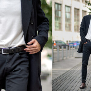 Pasek skórzany Betlewski LIC35-0 CZARNY w stylizacji męskiej jesiennej płaszcz