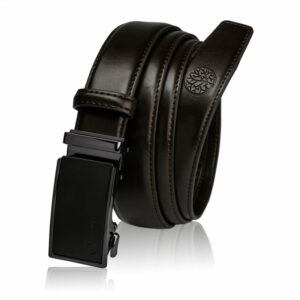 Brązowy skórzany pasek męski z czarną klamrą - Skórzany pasek męski automatyczny Betlewski®