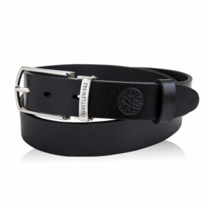 Czarny skórzany pasek męski ze srebrną klamrą