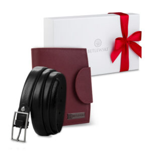 Zestaw prezentowy dla niej - Zapakowany w pudełko z kokardką bordowy portfel damski i pasek skórzany Betlewski