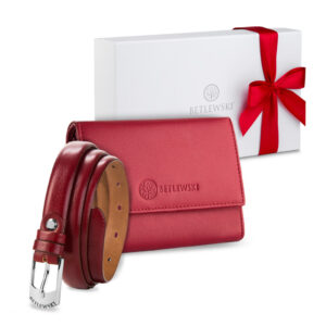 Zestaw prezentowy dla niej - Czerwony portfel i cienki skórzany pasek - zapakowane w ozdobne pudełko prezent