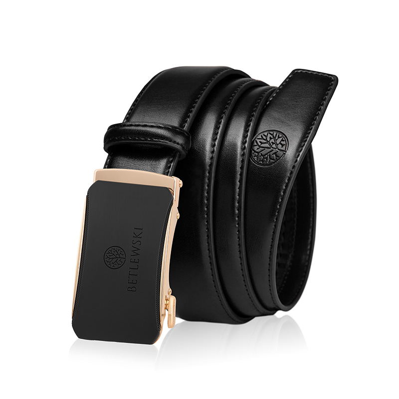 Skórzany czarny pasek męski ELITE z klamrą w odcieniu złota